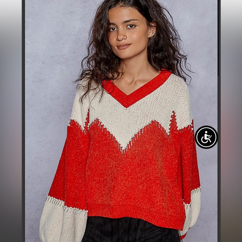 &- Pol Red and Cream Oversized V-Neck Women's Sweater with pearls and detailing